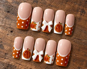 Pumpkin Lace Press On Nails, Fall Bow Nail Art, 3D Autumn Manicure