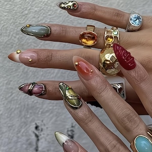 Antique Royal Nails | 3D Jewel Box Press On | Vintage Gold Framing Gel | Luxury Ruby Emerald Art