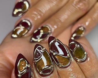 Brown Gold Marble Stiletto Press On Nails: Metallic Accent, Glossy Nail Art