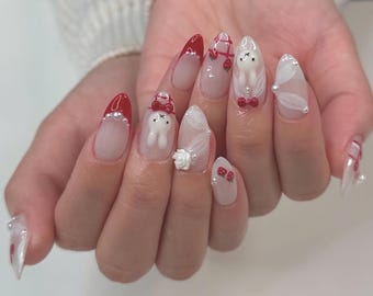Strawberry Bunny Press On Nails: 3D Bow Valentine Nail Art