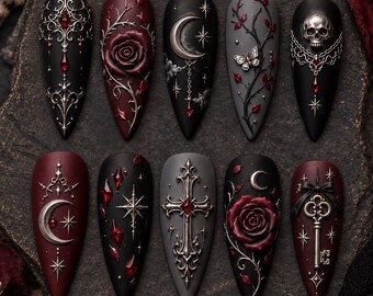 Gothic 3D Press On Nails, Dark Romance Nails, Handmade Nail Art Set