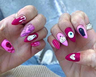 Pinke Halloween Presse Auf den Nägeln: Geist, Kürbis, Augapfel Nail Art