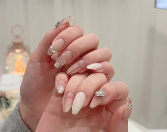 Snowflake White Press On Nails, Glitter Crystal Holiday Nail Set