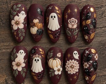 Hand-Painted Burgundy Halloween Press-On Nails, Ghost Pumpkin Floral Art (Reusable)