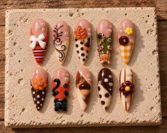 Handmade Autumn Press-On Nails, 3D Pumpkin, Floral, Animal Designs (Stiletto)