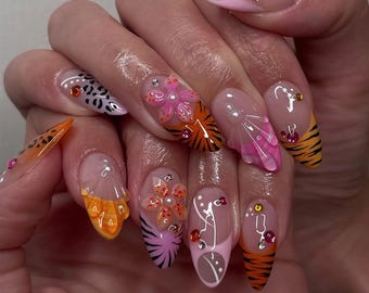 3D Floral Animal Print Press On Nails: Tropical Gel Nail Art
