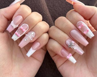 Coquette Pink Bow Press On Nails: 3D Lace, Pearls & Silver Charms