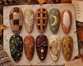 Handmade Autumn Press-On Nails, Vintage Cottagecore Mix & Match (Reusable)