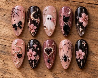 Handmade Gothic Press-On Nails | Black Cat, Ghost, Floral, Celestial (Set of 10)