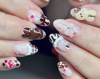 Chocolate Bunny Press On Nails, 3D Kawaii Gel Nail Art