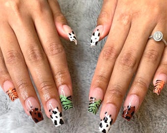 Tierdruck-Press-On-Nägel, Kuh-Zebra-Leopard-Mix, quadratisches Nagelset