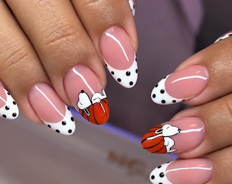 Pumpkin Dog Press On Nails, Pink Polka Dot French Tips, Hand Painted Fall Nails