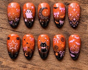 Hand-Painted Halloween Press-On Nails, Orange Black Ombré, Spooky Ghost Cat Art