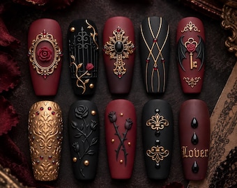 Gothic Press-On Nails, Burgundy Black Baroque, 3D Gold Filigree, Handmade False Nails