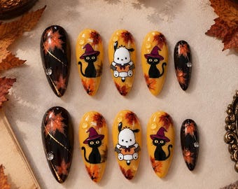 Autumn Witch Cat Press On Nails, Gothic Halloween Set, Hand Painted Fall Manicure