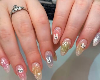Korean Kitty Cat Press On Nails, 3D Bubble Bunny Art, handgemaakt
