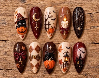 Kawaii Fall Press-On Nails, 3D Cat Pumpkin Art, Autumn Halloween Set