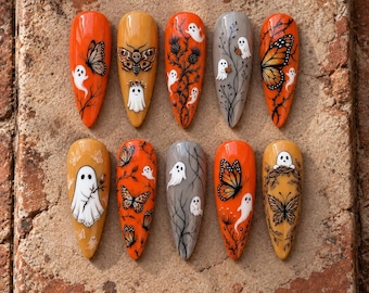 Halloween Ghost Butterfly Press On Nails, Autumn Gothic Nail Art