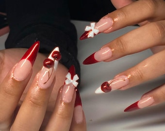 Red Cherry Press On Nails, 3D Ribbon Accent, Glam Holiday Nails