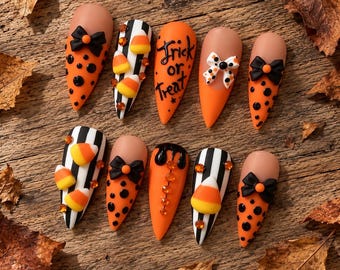 Halloween Candy Corn Press On Nails, Orange Black Gothic 3D Trick or Treat Set