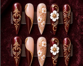 Burgundy Gold Floral Press On Nails, Vintage Baroque Nail Art, Handmade Luxury Nail Design