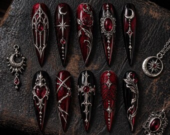 Gothic Red Chrome Press On Nails, 3D Handmade Nail Art, Dark Luxury