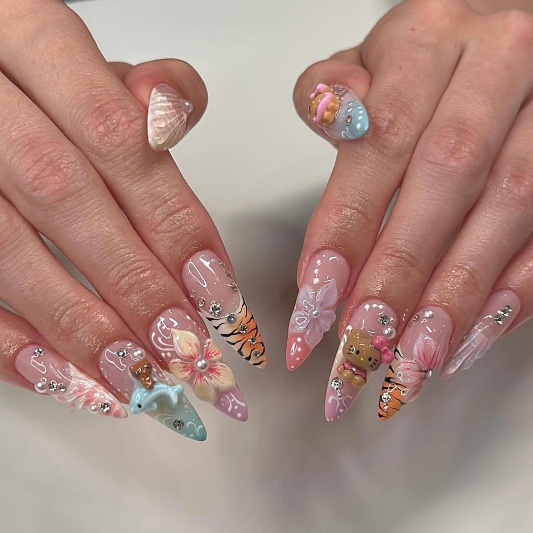 ハンドメイド3Dイルカプレスオンネイル：Y2Kトロピカルビーチネイル