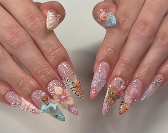 Handmade 3D Dolphin Press On Nails: Y2K Tropical Beach Nail Set