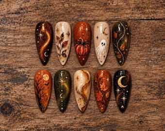 Handmade Fall Press-On Nails, 3D Cat Pumpkin Art, Autumn Halloween Set