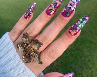 Tropical Floral Press On Nails, Hand-Painted Garden Art Set