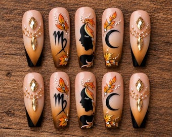 Handmade Gothic Autumn Press-On Nails, Celestial Leaf Art, Gold Crystals (Coffin Shape)