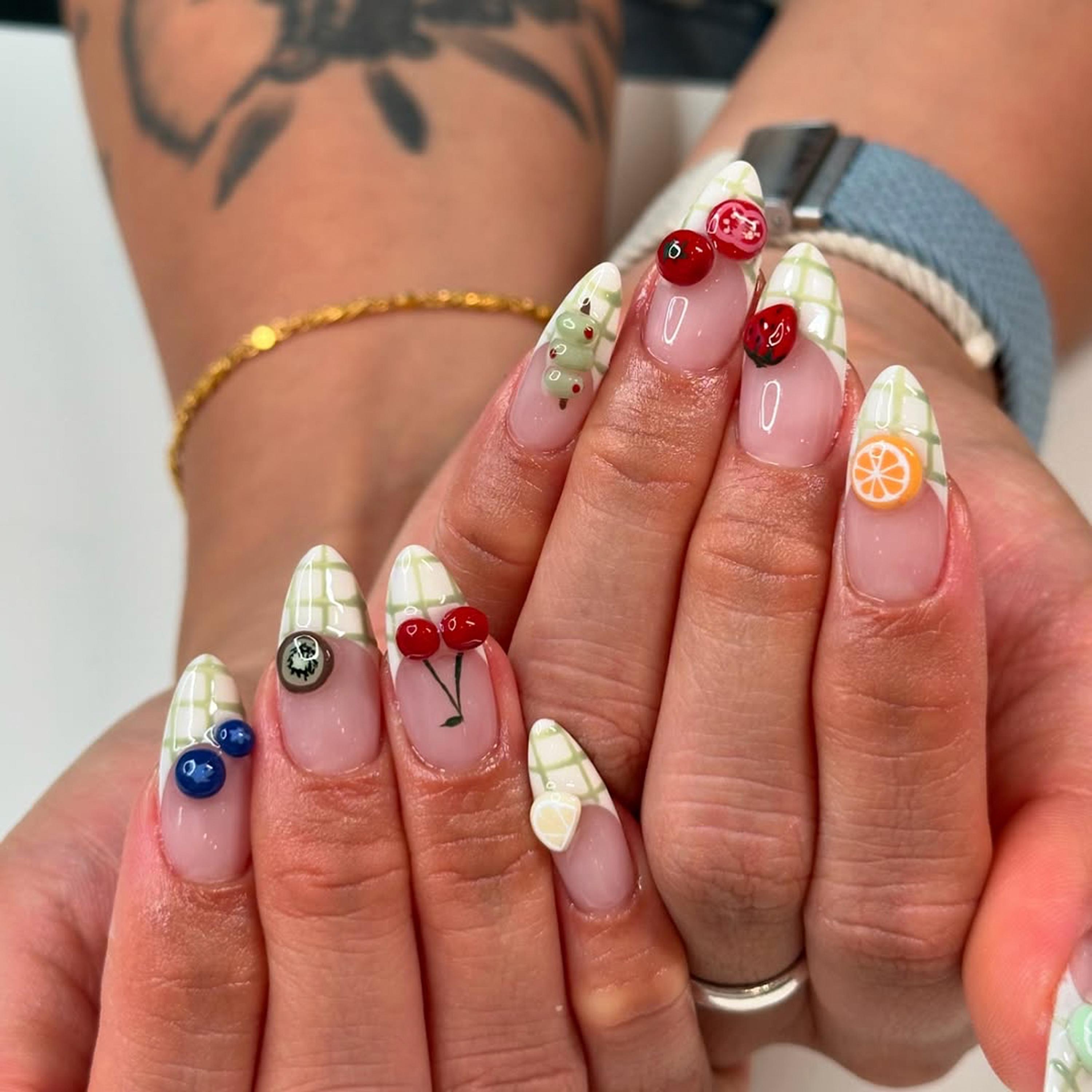 3D Fruit Press on Nails: Summer Plaid French Tip Nail Art - Etsy