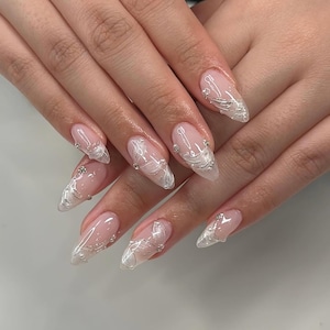 Uñas postizas de perla blanca hechas a mano: Juego de uñas de boda con diamantes de imitación