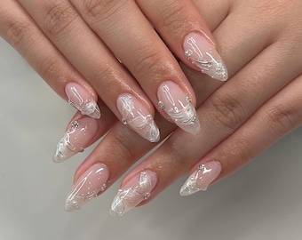 Handmade White Pearl Press On Nails: Rhinestone Wedding Nail Set