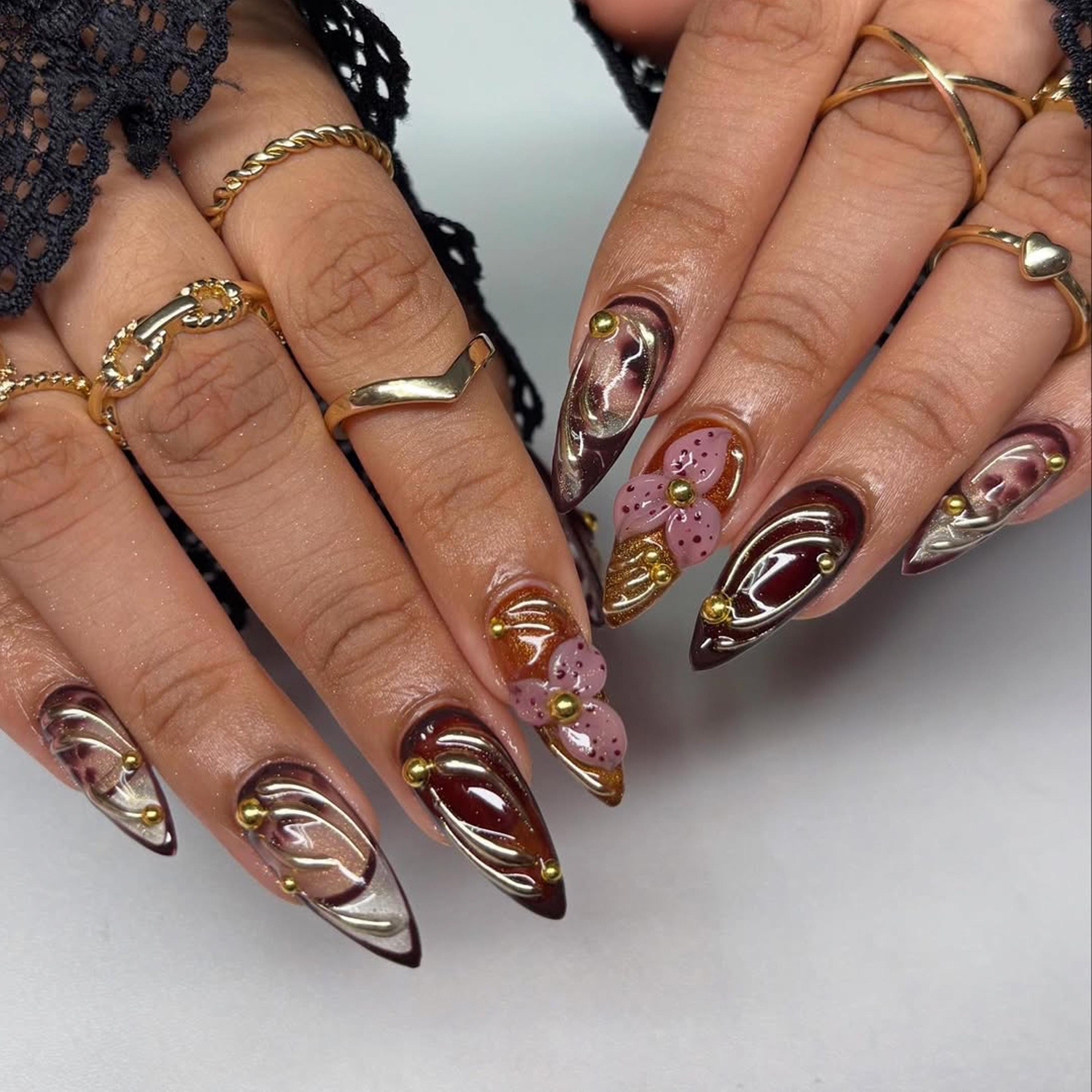 Handcrafted Autumn Brown Floral Press on Nails: Shimmer Swirl Nail