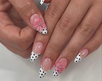 Polka Dot French Tip Press On Nails: 3D Pink Flower, Handmade