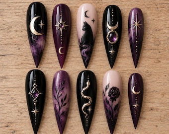 Witchy Black Cat Press-On Nails, Gothic Moon, Purple Celestial Stiletto (Handmade)