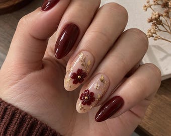 Brown Floral Press-On Nails, Autumn Gold Foil, Cottagecore Short Square Nails