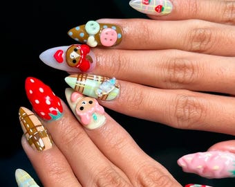 Strawberry Bear Press On Nails, 3D Sculpted Kawaii Almond Nail Set