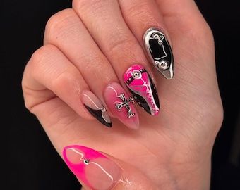 Gothic Pink & Black Stiletto Press On Nails: Punk Cross Charms