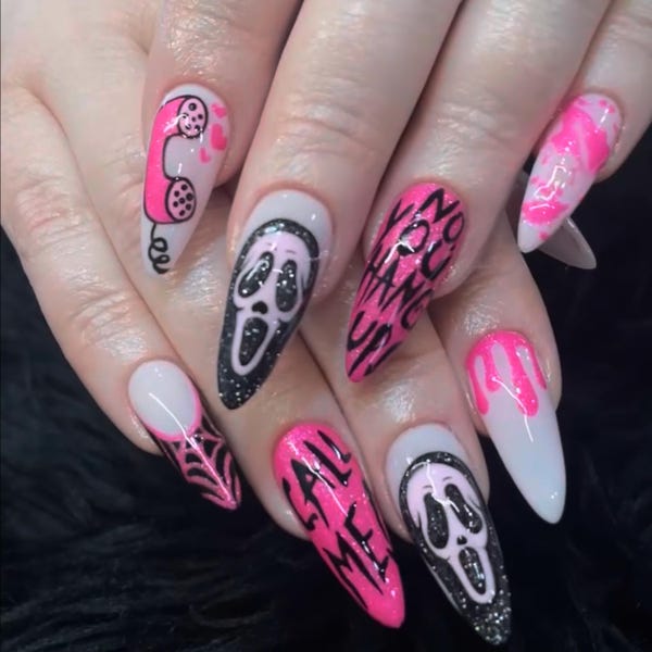 Hot Pink Scream Press On Nails: Stiletto Horror Movie Nail Art