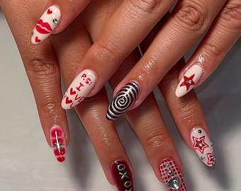 Handmade Red Valentine Press On Nails, XOXO, Spiral, Coquette