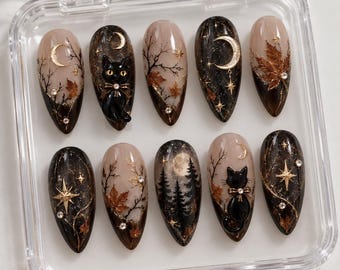 Handmade Black Cat Moonlit Forest Press-On Nails, Autumn French Tip, Witchy Celestial Set
