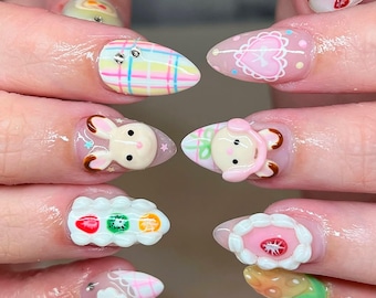 3D Bunny Press On Nails, Kawaii Almond Nail Set, Pastel Plaid