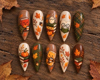 Handmade Autumn Book Lover Press-On Nails, Coffee & Pumpkin Art (Reusable)