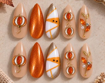 Handmade Fall Press-On Nails, 3D Pumpkin, Cat Eye, Almond Shape (Reusable)