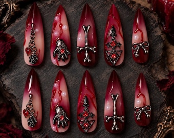 Burgundy Gothic 3D Press On Nails, Dark Red Stiletto Handmade Halloween