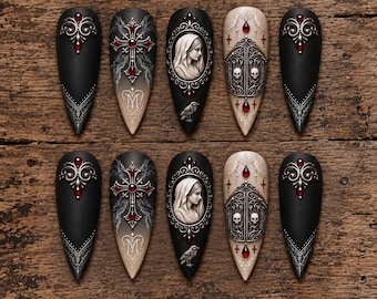 Gothic Press-On Nails, Victorian Stiletto Set, Dark Romantic Design (Reusable)