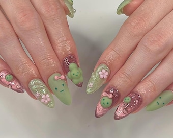 Smiski Press On Nails: Green & Pink Kawaii Nail Set, 3D Flowers