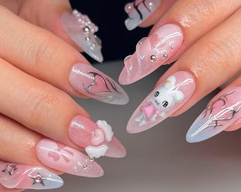 かわいいうさぎのつけ爪 | 3D かわいいうさぎと星のネイル